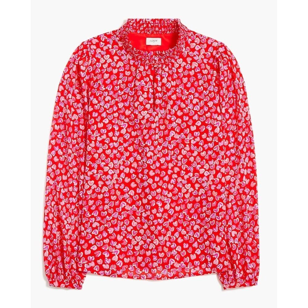 J Crew Factory Smocked keyhole top blouse red pink purple heart print